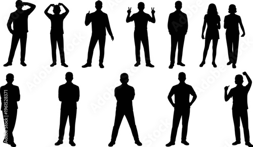 People silhouette set men women standing casual poses gestures confident lifestyle characters black vector illustration collection isolated