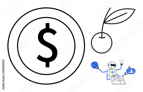 Finance, investment, technology, agriculture, artificial intelligence, research. Dollar symbol with a cherry icon and a robot analyzing data. Finance and technology conceptual design