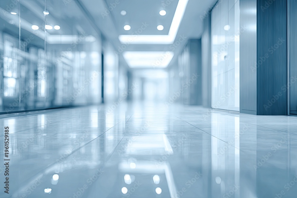 Obraz premium Modern, brightly lit, reflective hallway with glass walls and polished floor
