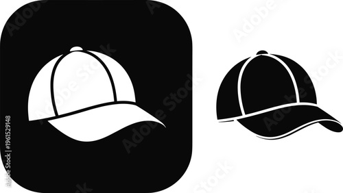 Baseball cap icon set in black and white, fashion headwear symbol, minimal vector illustration, casual hat design, clothing accessory isolated on white backgroundv
