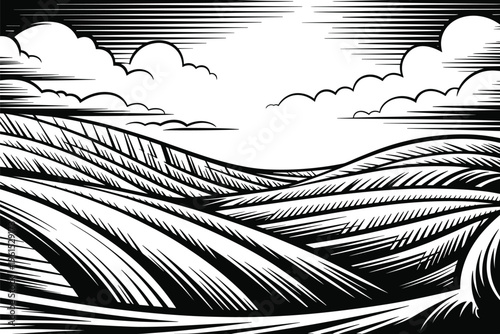 Black and white engraving style landscape of rolling farmland hills with dramatic clouds, abstract rural scenery illustration, vintage woodcut texture, agriculture field background design