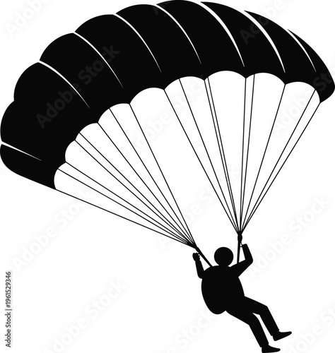 Parachuting silhouette of skydiver with parachute canopy, extreme sport icon, black minimal vector illustration, adventure activity symbol isolated on white background design
