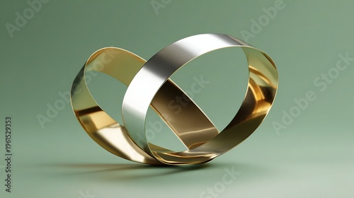 Shimmering gold and silver metallic abstract geometric shapes form a Möbius strip, elegantly suspended above a soft matte sage green background.
