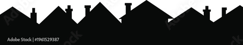 Row of house rooftops silhouette with chimneys, urban residential skyline border, black minimal vector illustration, seamless cityscape design element isolated on white background