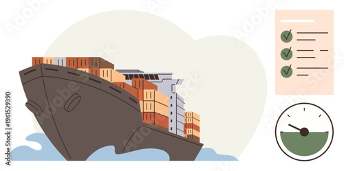Global shipping, supply chain management, logistics optimization, maritime cargo, export-import, trade. Cargo ship with containers, checklist speed gauge. Global shipping and supply chain management