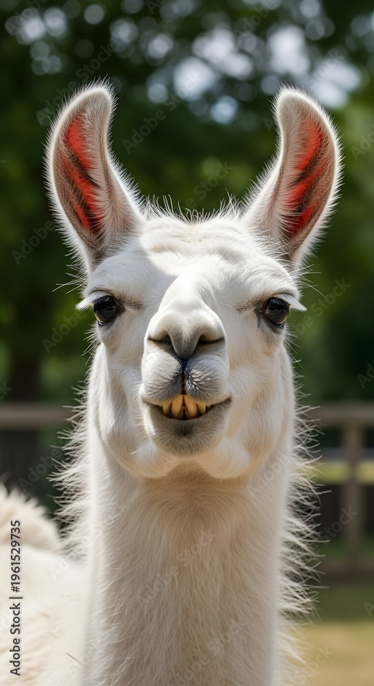 Fototapeta premium A fascinating close-up portrait of a pristine white llama, featuring its fluffy ears and a distinctive, slightly toothy smile, capturing its unique personality and gentle gaze