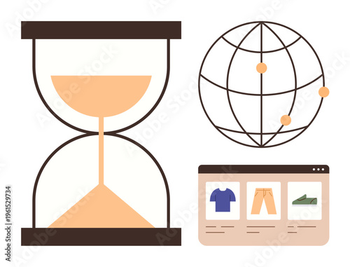 E-commerce, online shopping, time management, global reach, digital interface, consumer goods. Hourglass, globe and product interface visuals. E-commerce and online shopping concept