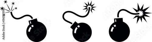 Bomb Icon Vector Set Featuring Explosive Devices with Lit Fuse, Detonation Sparks, and Danger Symbols in Black Silhouette Design