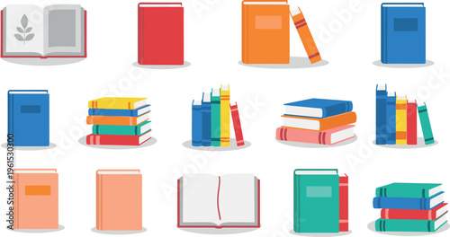 Book Icon Vector Set Featuring Open and Closed Books, Stacks, Textbooks, and Educational Reading Symbols for School and Library Design