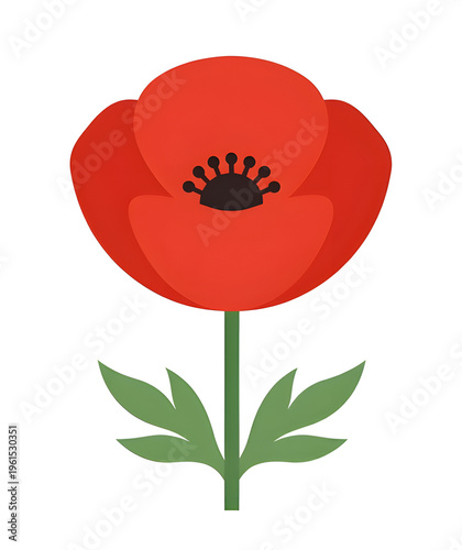 Minimal Flat Poppy Flower Icon with Vibrant Red Petals and Dark Center Vector Illustration