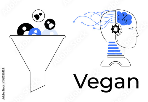 Artificial intelligence, machine learning, data processing, vegan lifestyle, digital innovation, healthy living. A funnel sorts data and flows to an AI-enhanced brain. AI and machine learning