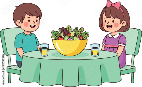 Cartoon illustration of two children sitting at round table with salad bowl and juice glasses, promoting healthy eating, childhood nutrition, and joyful mealtime together
