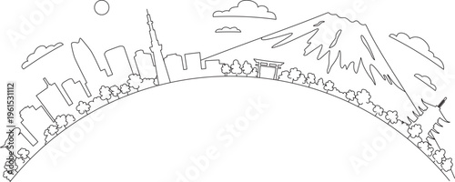 富士山や神社など日本の都市東京の風景、線画ベクター