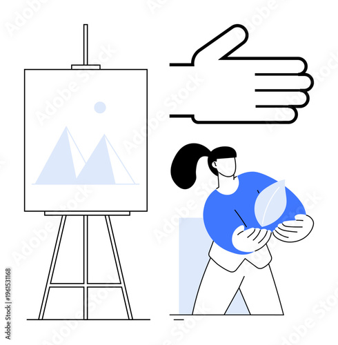 Art, creativity, environmental awareness, sustainability, minimalism, self-expression. Woman holding a leaf, abstract canvas large hand graphic. Art and creativity in eco-friendly concepts