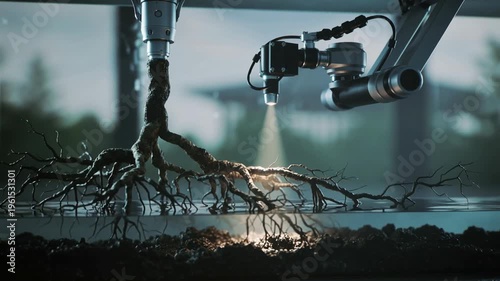 A robotic arm gently waters the roots of a plant in a controlled environment, symbolizing innovation in agriculture and precision farming.