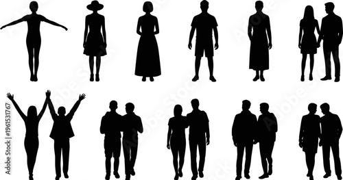 people silhouettes set, men women couples walking standing, human figures collection, casual characters poses vector illustration bundle