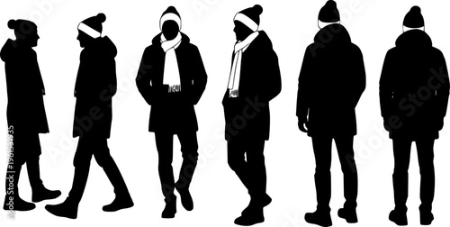 A comprehensive collection of black silhouettes featuring a young man in casual winter attire, captured in various walking and standing poses.
