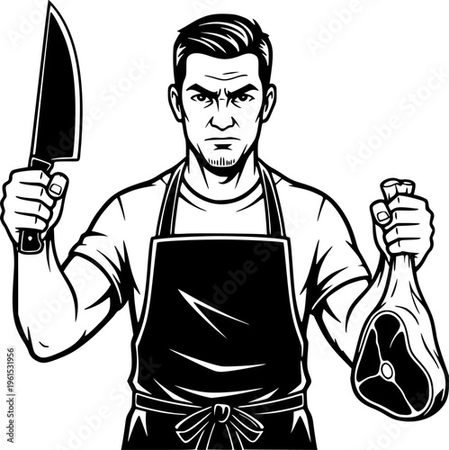 Man in apron holding knife and piece of meat with serious expression
