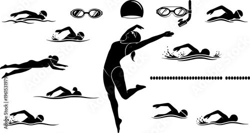 Swimming silhouettes, Swimmer silhouette, Woman swimming silhouette, Swimmer svg, Backstroke swimmer silhouette, Swimming svg, Swimming goggles silhouette, Swimmer icon bundle