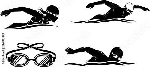 Swimming silhouettes, Swimmer silhouette, Woman swimming silhouette, Swimmer svg, Backstroke swimmer silhouette, Swimming svg, Swimming goggles silhouette, Swimmer icon bundle
