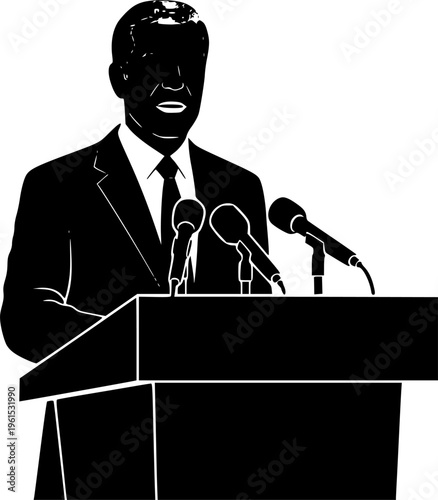 silhouette of a politician giving press conference at podium
