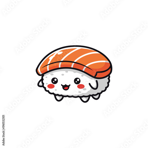 Cute salmon nigiri sushi illustration featuring a slice of orange fish with white fat lines on top of a white rice base with a smiling kawaii face and pink cheeks on white background.