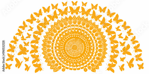 A vibrant orange mandala composed entirely of butterfly shapes