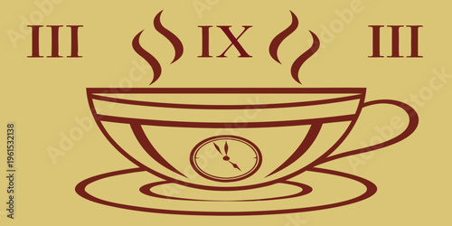 A steaming cup of coffee with roman numerals and a clock face