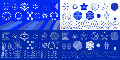 Abstract geometric patterns in varying shades of blue and white