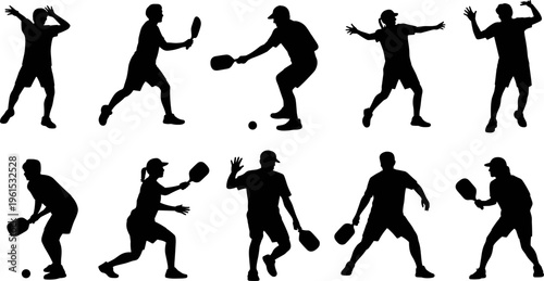 Pickleball player silhouettes collection showing men and women playing paddle sport action poses isolated set, flat vector illustration