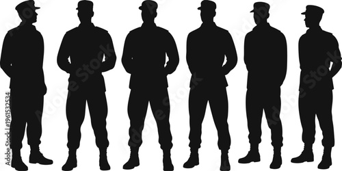 Police officer silhouette set law enforcement security guard standing poses isolated black uniformed officers authority flat vector illustration
