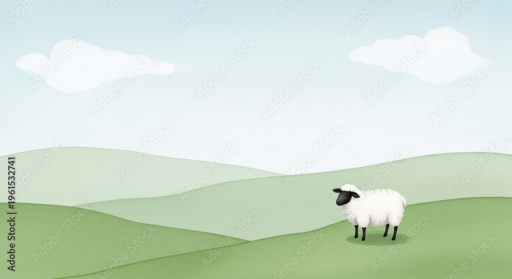 Fototapeta premium illustration for Parable of the Lost Sheep, Emphasizing Compassion and Guidance in a Serene Landscape, watercolor, copy space