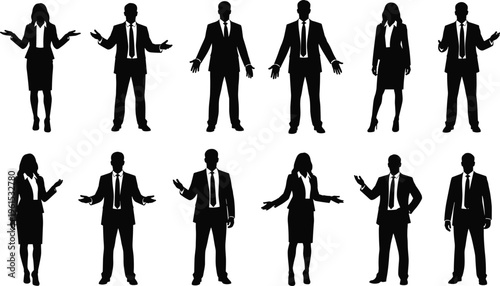 Black silhouettes of business professionals in formal attire, posed with expressive gestures symbolizing communication, teamwork, leadership, presentation, and corporate success