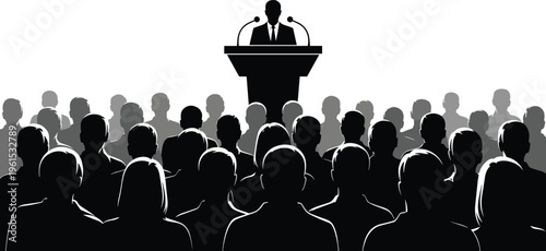 Black silhouette of business professional speaking at podium with microphones, addressing audience, symbolizing leadership, communication, presentation, and corporate success