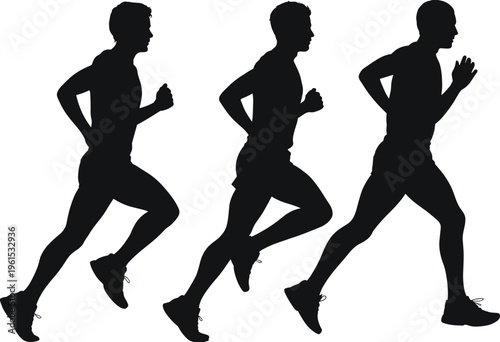 Running men silhouettes set, male runner jogging sprint training fitness workout movement healthy lifestyle sport concept, flat vector illustration