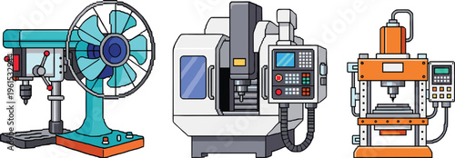 Industrial machinery set including drill press, cooling fan, CNC machine, and hydraulic press, isolated on white background for manufacturing and engineering concepts