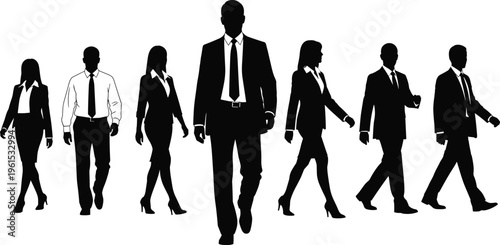 Black silhouettes of business professionals in suits walking confidently, symbolizing leadership, teamwork, corporate culture, and professional success in modern workplaces
