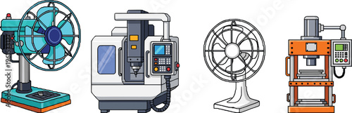 Collection of industrial machines including fans, CNC milling machine, and hydraulic press, isolated on white background for manufacturing, engineering, and factory production concepts