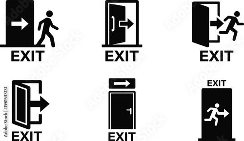 EXIT signs with people running and exiting doors in various directions.