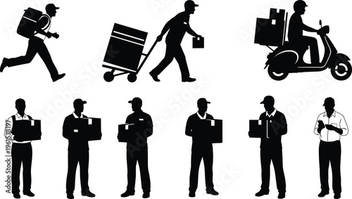 Black silhouettes of delivery workers in uniforms performing logistics tasks including running, walking, pushing hand trucks, and riding scooters with packages