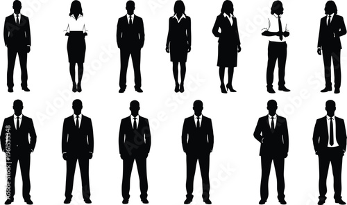 Black silhouettes of male and female business professionals in formal attire, posed with varied stances symbolizing teamwork, diversity, leadership, and corporate success