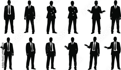 Black silhouettes of male business professionals in formal suits, posed with varied stances symbolizing confidence, leadership, communication, and corporate success