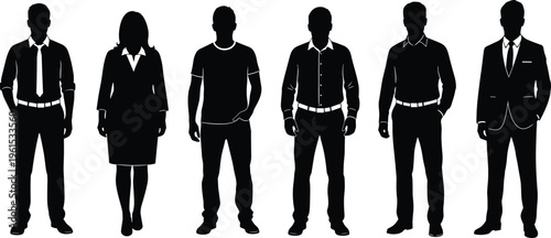 Business and casual people silhouettes set, men and woman in formal and informal outfits standing isolated on white background