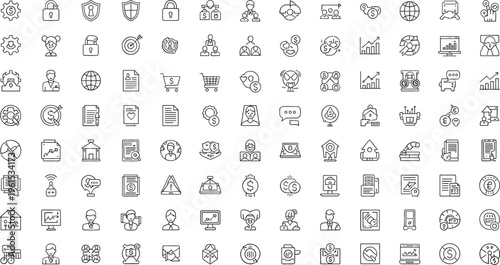 Business and Financial Icons Set for Marketing, Analytics, E-commerce, Risk Management, Strategy, Online Security, and Data Analytics for Websites and Apps