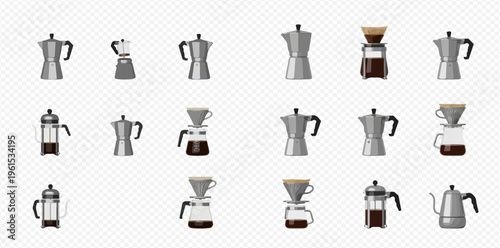Collection of various coffee makers, including moka pots, French presses, and pour-over brewers, isolated on a transparent background.