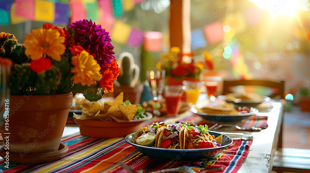 Fototapeta premium Festive Mexican fiesta dinner table setting in rustic restaurant with sombrero cactus colorful bunting margarita and food decoration for gathering and holiday event