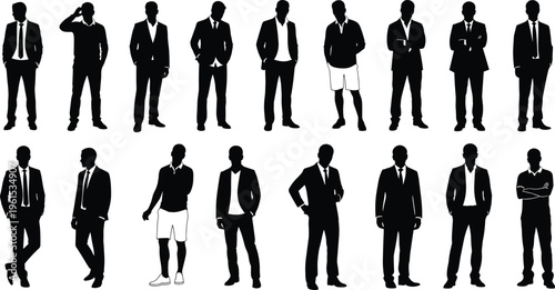 Business men silhouettes collection in formal and casual outfits, corporate professionals standing in various poses isolated on white background