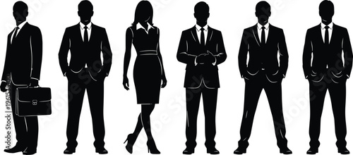 Business people silhouette collection standing in different poses, corporate professionals isolated on white background, office workforce diversity and leadership concept