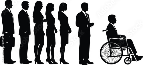 Business people queue silhouettes including wheelchair user, corporate professionals standing in line isolated on white background, diversity and inclusion concept