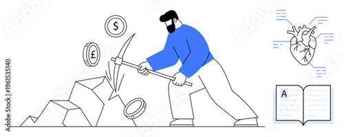 Cryptocurrency, financial growth, data mining, education, health technology, analysis. Man mining currency symbols with a pickaxe, heart diagram and book. Cryptocurrency and financial growth concept
